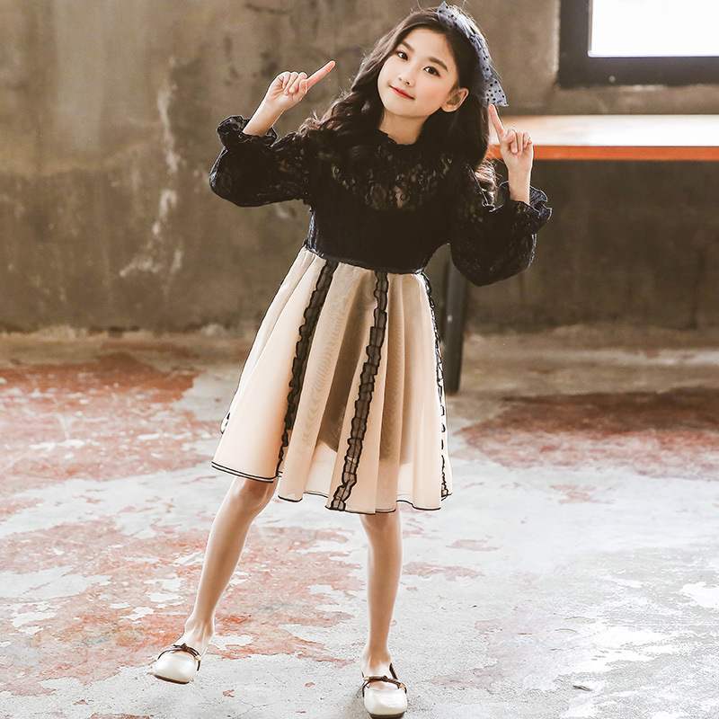 Vestido para niños para niñas 2024 vestido de manga larga de verano estilo occidental para niños vestido de gasa de encaje de estilo coreano vestido de princesa