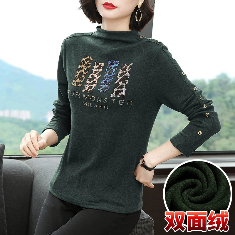 Базовая рубашка для матери, Женская универсальная осенне-зимняя футболка в западном стиле, новинка 2023 года, топ со средним воротником и длинными рукавами на открытом воздухе, для осени среднего возраста