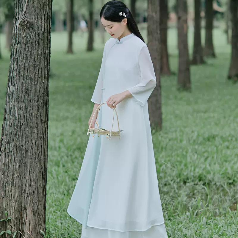 一件代发民族风复古改良奥黛雪纺文艺茶服长裙宽松禅舞服连衣裙女