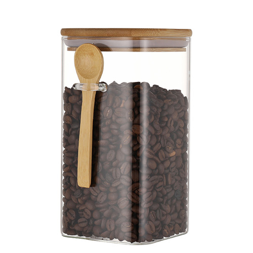 Sealed jar household transparent glass storage jar food tea dried fruit coffee bean storage storage jar square with spoon