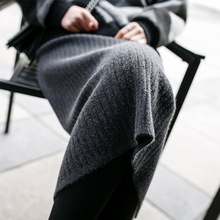 YUNSHU针织半身裙秋冬韩版新款加厚中长款高腰开叉一步裙包臀裙女