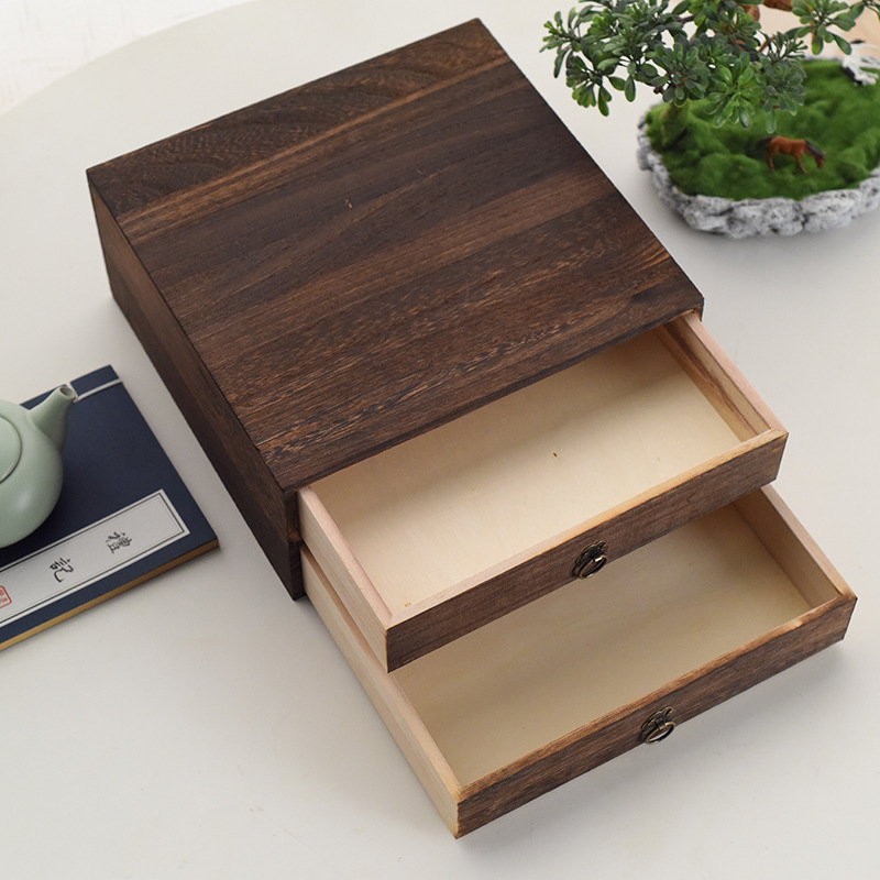 茶叶木盒木质收纳盒双层茶叶包装礼品盒抽拉收纳木盒厂家批发