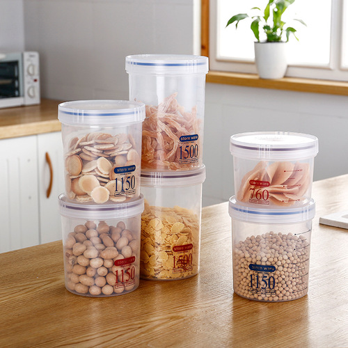 Airtight, transparent, round rotating storage jar for kitchen, made of food-grade plastic, suitable for storing grains, beans, nuts, snacks, and milk powder