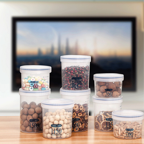 Airtight, transparent, round rotating storage jar for kitchen, made of food-grade plastic, suitable for storing grains, beans, nuts, snacks, and milk powder
