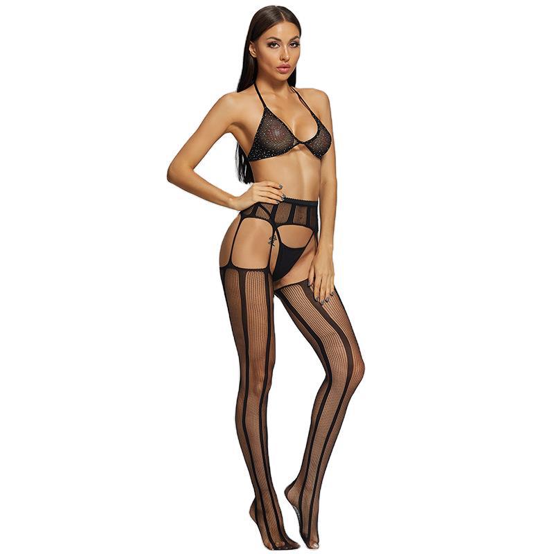 Europa y América popular de una sola pieza de entrega Yue mariposa sexy perspectiva hueco tentación fishnet calcetines rhinestone sujetador traje 6057 image 6