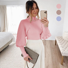 2020跨境秋冬毛衣女亚马逊爆款净色毛织灯笼袖长袖套头高领羊毛衫