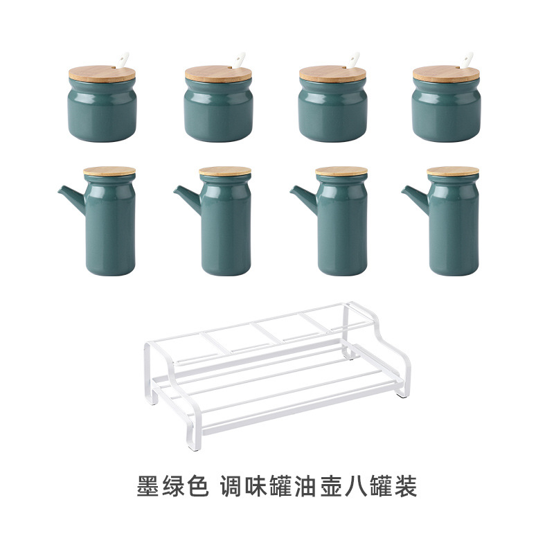 Conjunto de ocho piezas de botella de aceite de frasco de condimento verde oscuro con marco de hierro