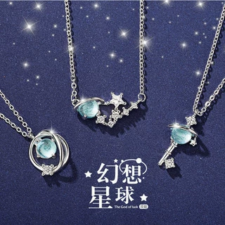 跨境新品蓝色琉璃梦幻星球项链女清新百搭宇宙极光星空锁骨链吊坠