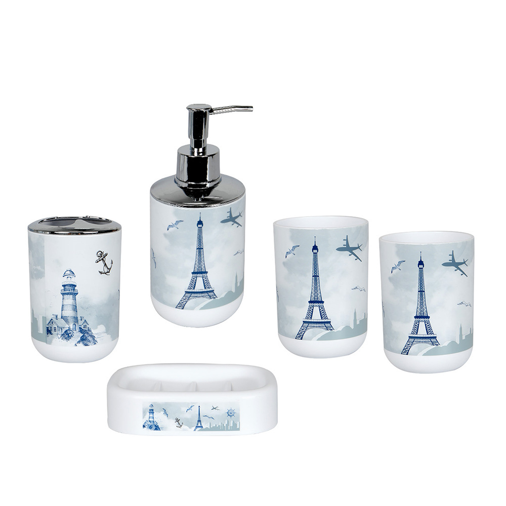 Conjunto de tazas de baño impresas personalizadas fábrica de suministros de baño una caja MOQ baño de plástico conjunto de cinco piezas