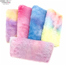 热销冬款彩虹渐变长毛绒PU钱包女士学生长款钱夹单拉包化妆包批发