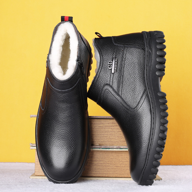 Invierno cuero genuino lana hombres zapatos acolchados de algodón capa superior de piel de vaca de alta-top forrado de lana caliente papá zapatos de cuero más el tamaño 45 zapatos de los hombres 46