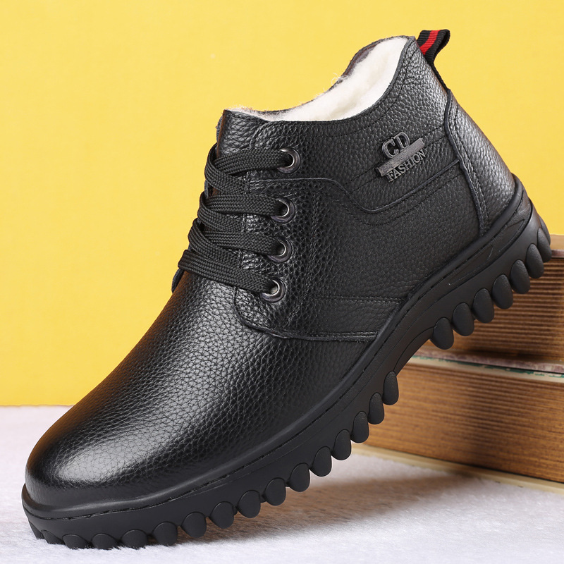 Invierno cuero genuino lana hombres zapatos acolchados de algodón capa superior de piel de vaca de alta-top forrado de lana caliente papá zapatos de cuero más el tamaño 45 zapatos de los hombres 46