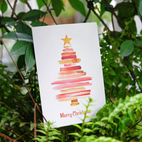 Four cross-border watercolor Christmas tree Christmas greeting cards with envelopes, hand-painted Christmas blessing cards, Christmas greeting cards