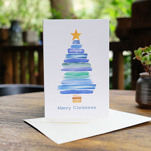 Four cross-border watercolor Christmas tree Christmas greeting cards with envelopes, hand-painted Christmas blessing cards, Christmas greeting cards
