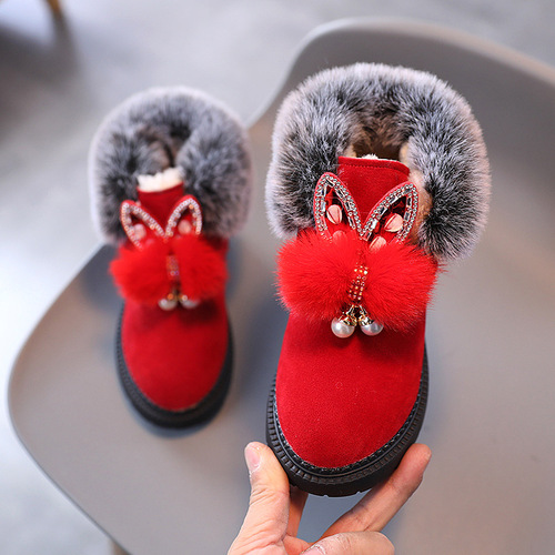  new winter children's snow boots flat-soled girls' princess cotton shoes fashionable thickened and velvet short baby boots