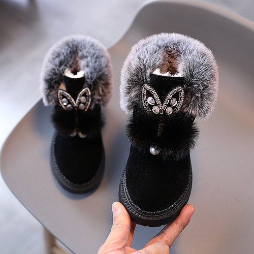 new winter children's snow boots flat-soled girls' princess cotton shoes fashionable thickened and velvet short baby boots
