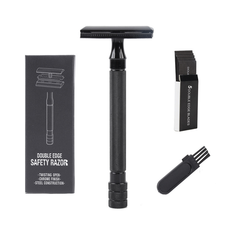 Old-fashioned manual razor razor safety razor double-sided blade metal scraper with brush and box of blades