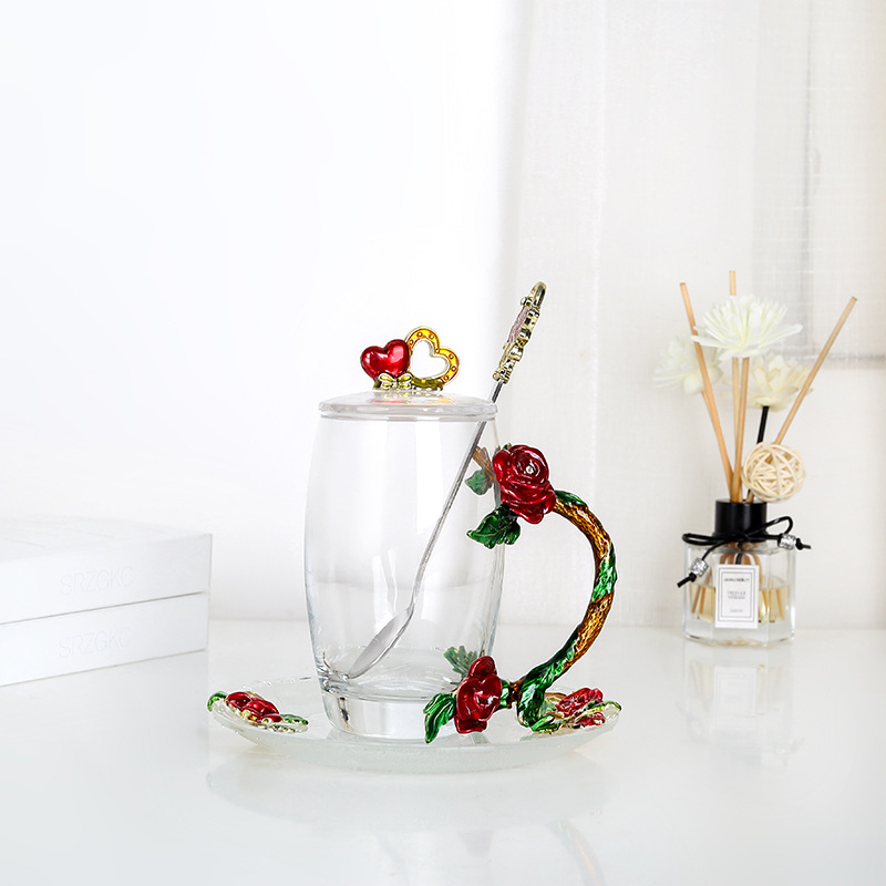Rose esmalte taza de vidrio hogar resistente a altas temperaturas taza de separación de té de oficina juego de té pareja taza de regalo fábrica