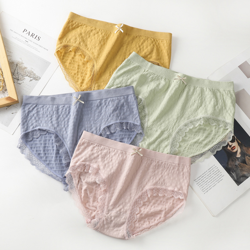 Underwear Women's Graphene Antibacterial Lace Edge Bubble Pants Breathable Large Size Mid-Waist Women's Briefs