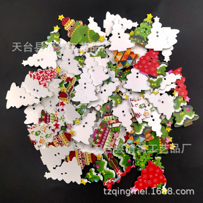 26*35mm fondo blanco árbol de navidad botón de madera decoración de color impresión árbol de navidad serie