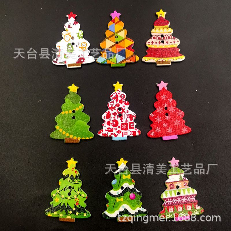 26*35mm fondo blanco árbol de navidad botón de madera decoración de color impresión árbol de navidad serie