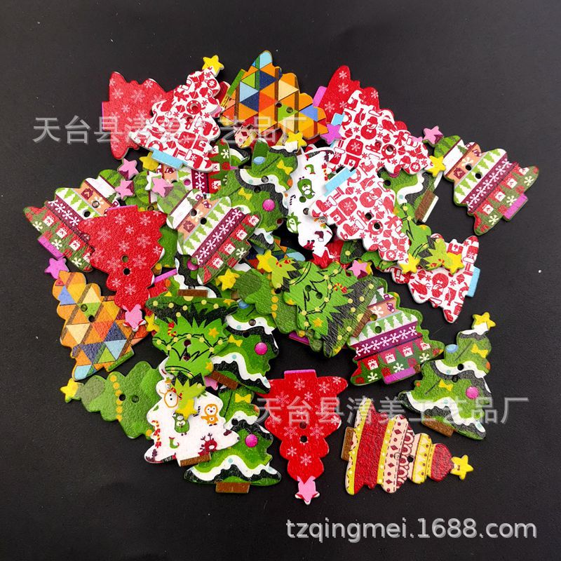26*35mm fondo blanco árbol de navidad botón de madera decoración de color impresión árbol de navidad serie