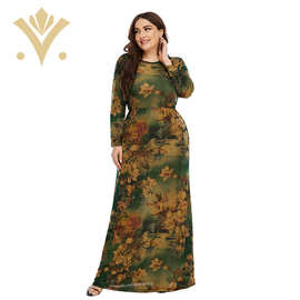 跨境大码女装亚马逊连衣裙高弹力针织印花长袖圆领大摆宽松腰长裙