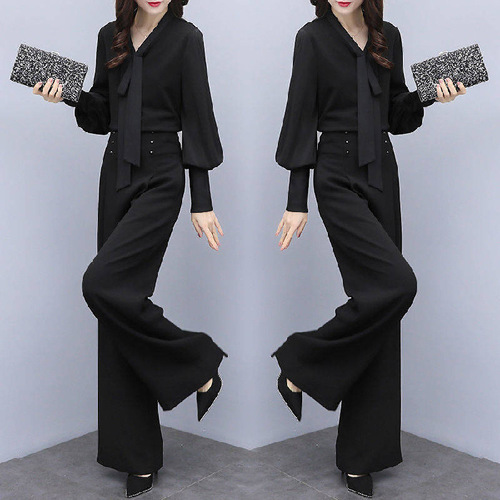Wide-leg pants leisure set for women, 2025 new fashion Korean style loose long-sleeved two-piece set, draping relaxed street style
