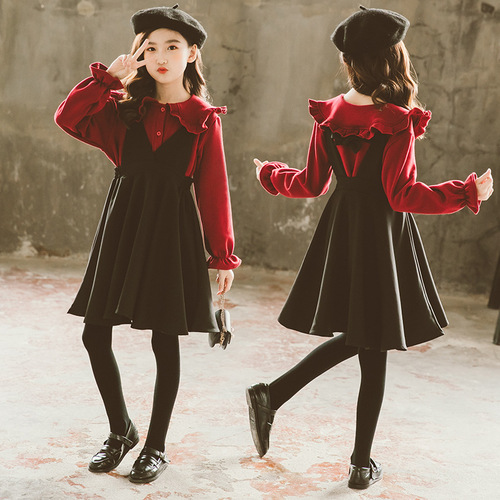 Girls' velvet dress suit, new style, girl's shirt, suspender skirt, princess two-piece Christmas performance outfit