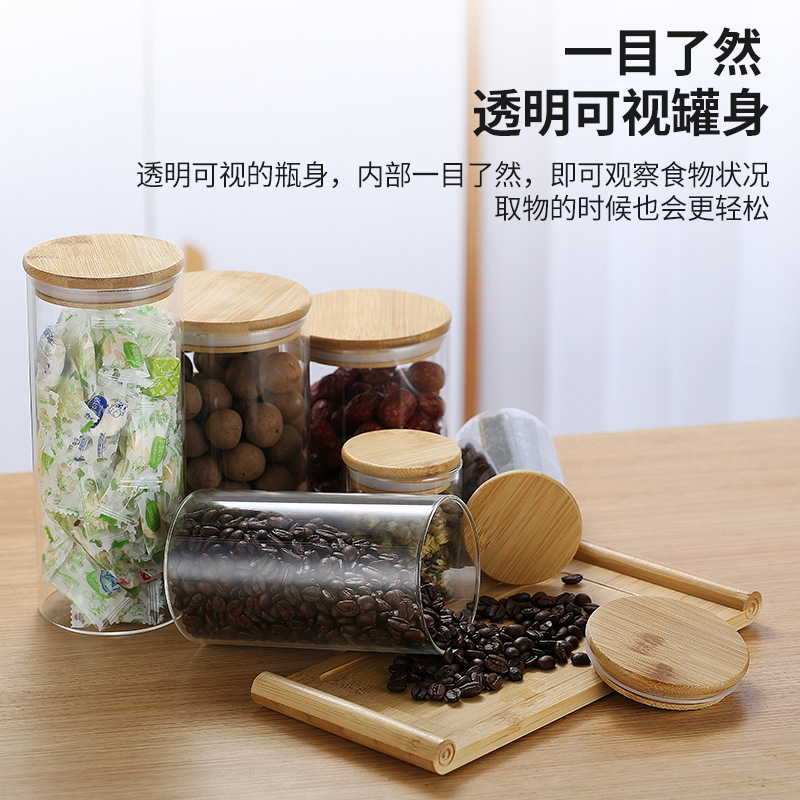 Tarro de almacenamiento de vidrio sellado para el hogar Botella de almacenamiento grande Tarro de granos Cubierta de bambú Tarro de té Tarro de caramelo