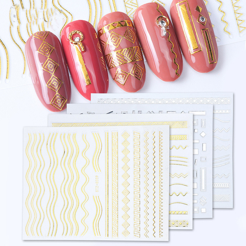 跨境货源美甲贴纸 26款金银3D指甲贴花永恒复古款几何图案nail