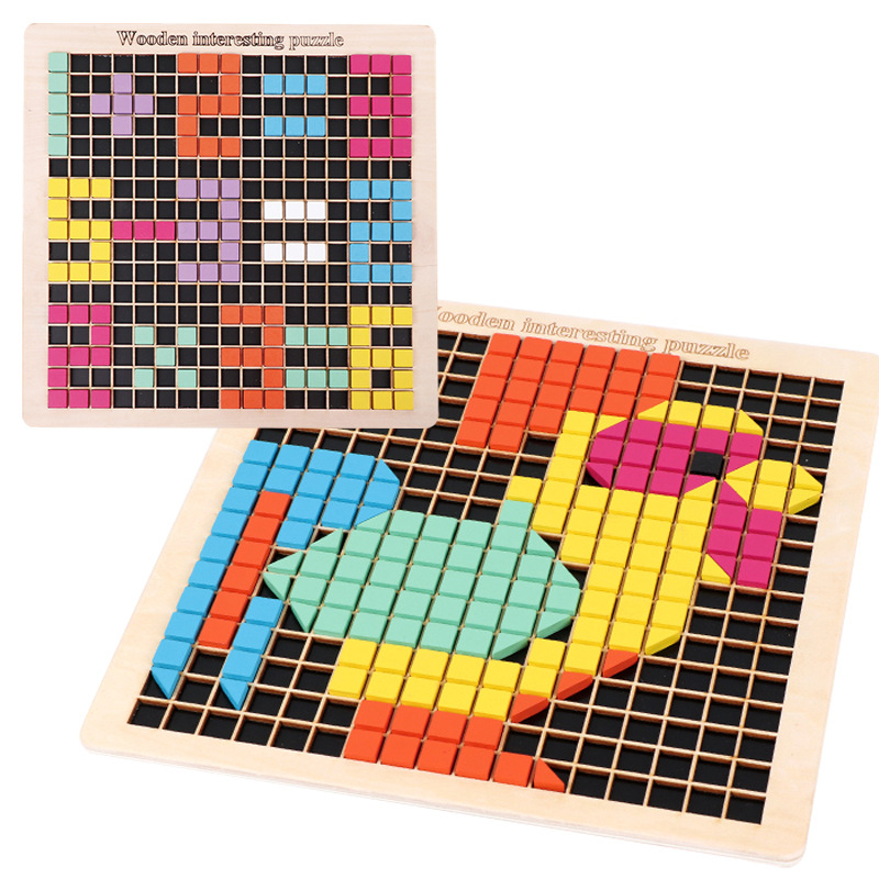 Children's Fun Wooden Pixel Block Platter Building Blocks 2-3-6 Years Old Boys and Girls Early Education 370 Graphic Puzzle Toy