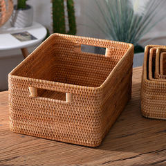 Vietnamese Handwoven Rattan Storage Basket Square with Lid, Suitable for Living Room, Bedroom, Desktop, Clothing and Miscellaneous Organization