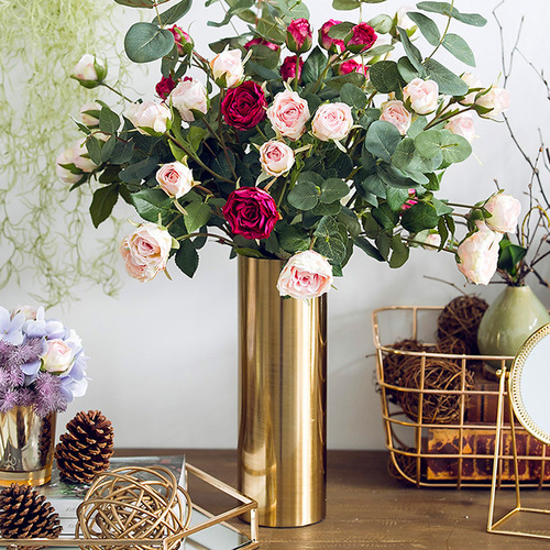 Nordic Minimalist Living Room Vase Cylinder Metal Plated Brass Color Home Decor Ornament Low-Key Dry Flower Vase Shelf Accent