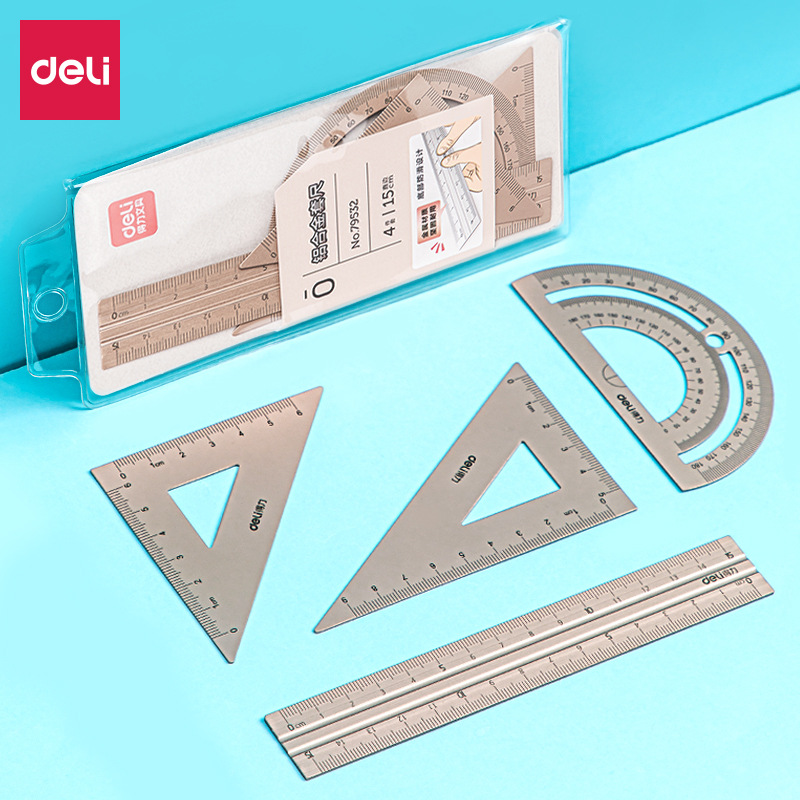 Deli 79532 aleación de aluminio Conjunto de 4 piezas conjunto de regla Regla de triángulo placa de ángulo cuadrado transportador Doble escala regla de aleación de aluminio