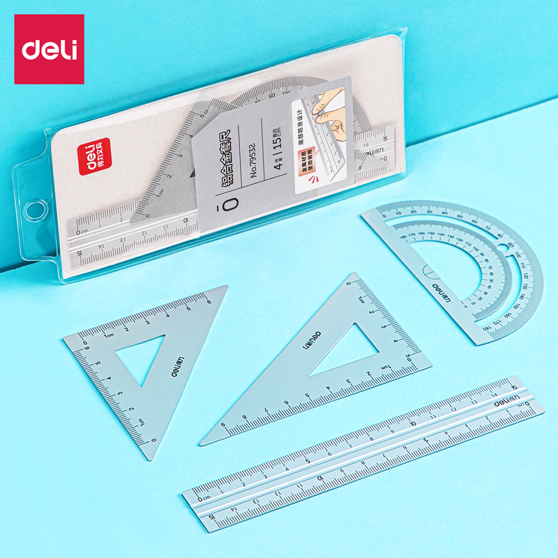 Deli 79532 aleación de aluminio Conjunto de 4 piezas conjunto de regla Regla de triángulo placa de ángulo cuadrado transportador Doble escala regla de aleación de aluminio