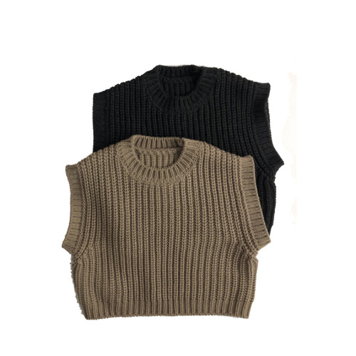 Autumn and winter children's clothing, Korean style vest, artistic brown pullover, new sleeveless solid color sweater for boys and girls