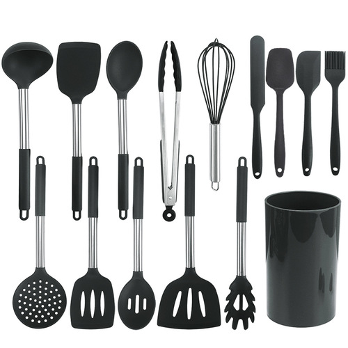 Amazon Hot Selling Black Stainless Steel Silicone Handle Kitchen Utensils 15-piece Set Storage Bucket Kitchen Tools Spatula