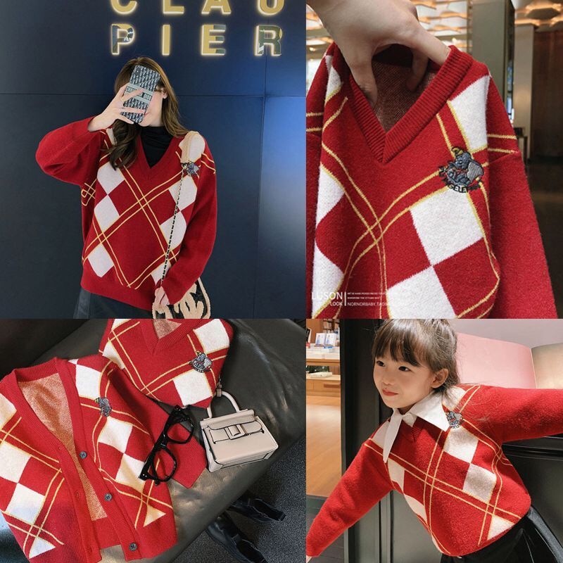 2021 Internet celebridad nueva llegada padre-hijo rombo suéter cardigan suéter con cuello en V abrigo de fondo para una familia de cuatro