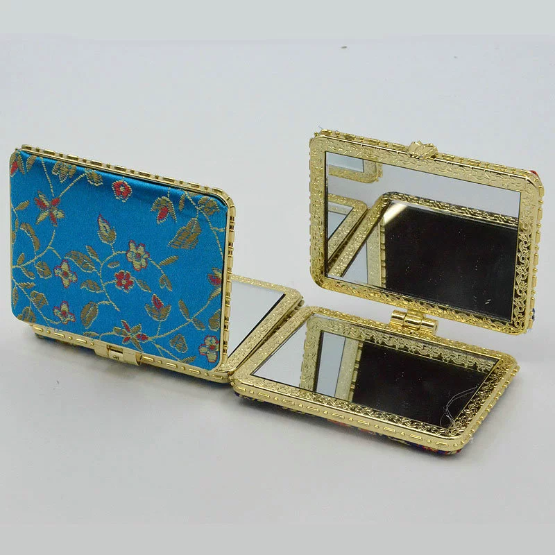 Double-Sided Silk Brocade Folding Makeup Mirror, Hand-Embroidered, 5 Shapes (7–7.5 cm)