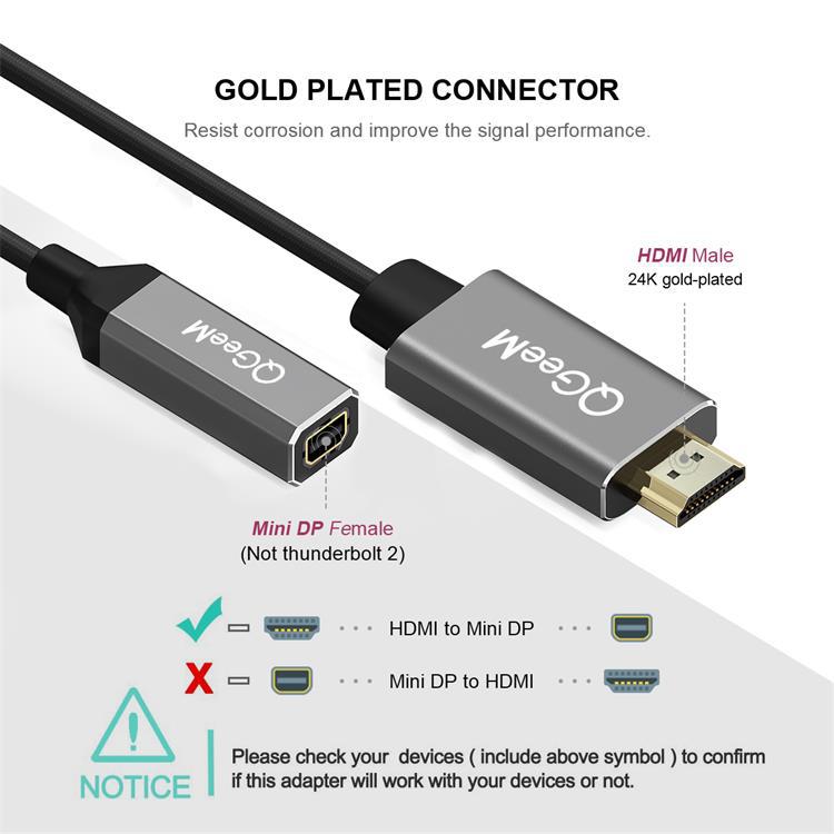 QGeeM HDMI solo a Mini DP convertidor cable adaptador UHD 4K @ 30Hz Plug and Play