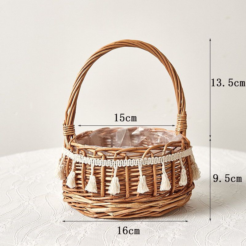 Mimbre borla cesta de flores de mano ramo decoración DIY arreglo de flores pastoral adornos flores tejidas a mano niña de las flores de la boda