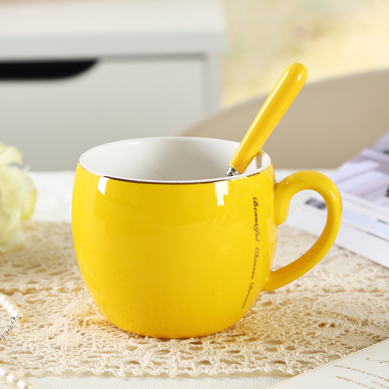 Two-hair Ceramic Ile Cup Candy Color Chunky Big Mouth Household Milk Coffee Breakfast Cup with Lid and Spoon
