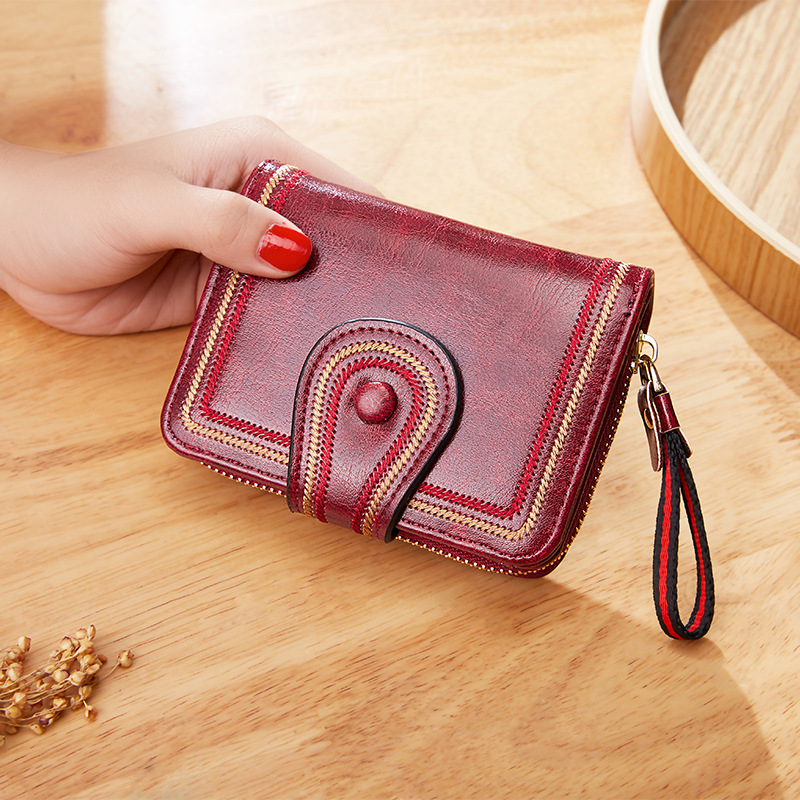 Women Wallet Cross-border Retro Oil Wax Leather European and American Multi-card Organ Card Bag Zipper Short Women's Wallet
