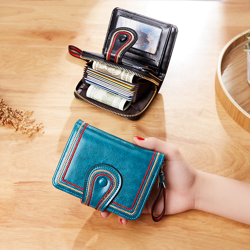 Women Wallet Cross-border Retro Oil Wax Leather European and American Multi-card Organ Card Bag Zipper Short Women's Wallet