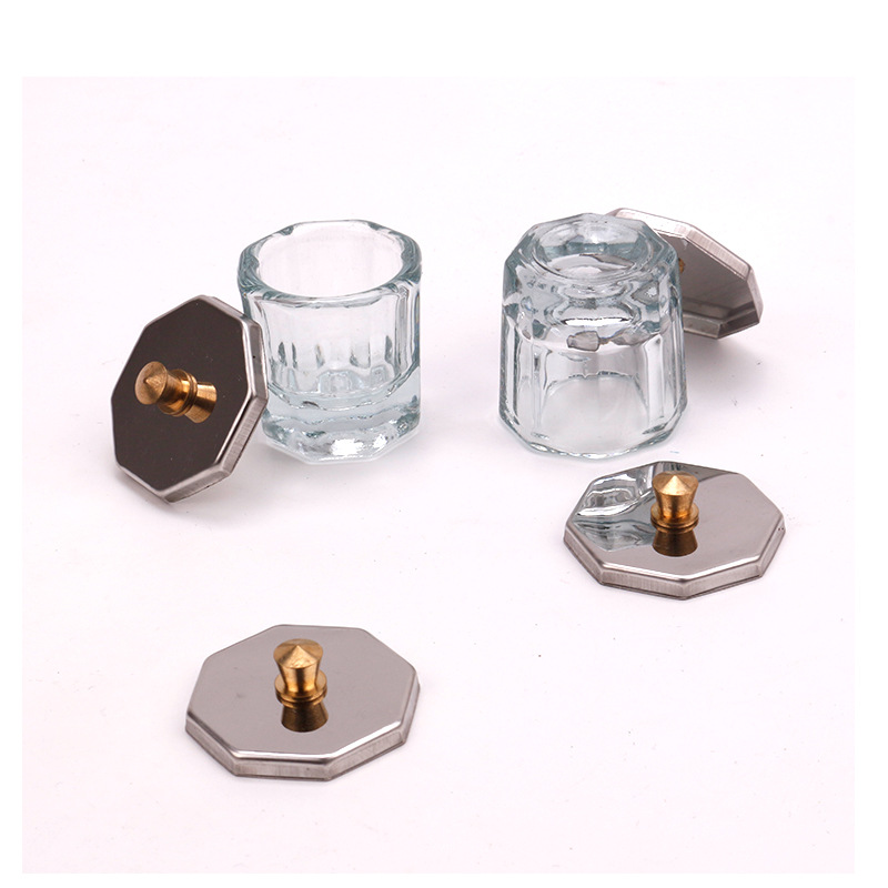 Tapa de la taza octogonal de uñas tapa de cristal tapa de acero inoxidable tapa de la taza de mezcla de líquido de uñas cristal anti-volátil
