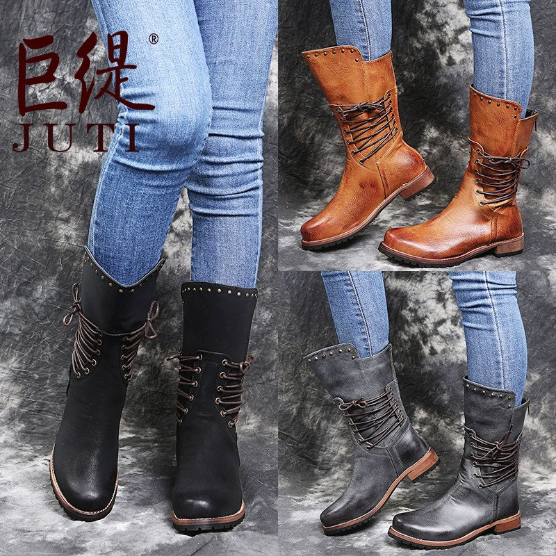 Juti 2020, осенне-зимние новые женские сапоги больших размеров на низком каблуке для внешней торговли, женские кожаные сапоги в европейском и американском стиле