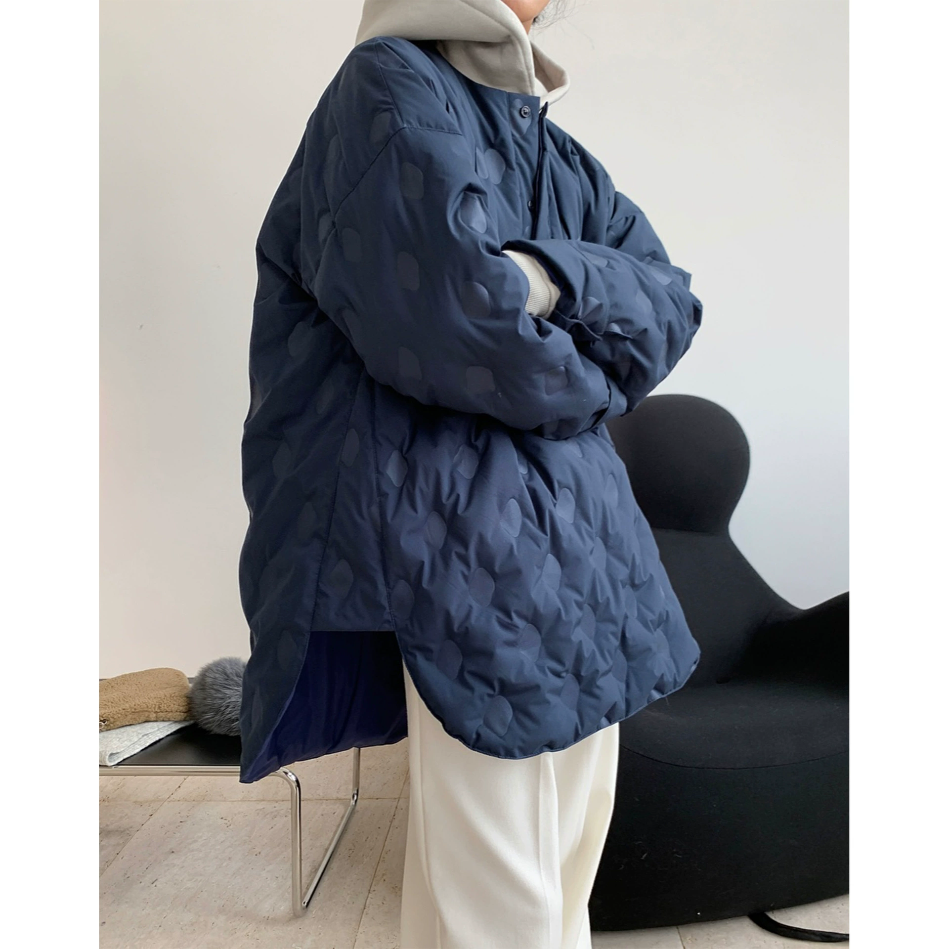 Зимняя куртка-пуховик, Oversized в корейском стиле, круглым воротом, 90% пух дикой утки, велюровый верха
