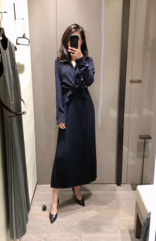 Max family pure original! Giant Skinny Heavy Triacetate Fake Two-Piece Pleated Shirt dress