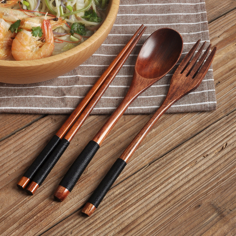 Japanese-style Wooden Spoon Fork Chopsticks Three-piece Set with Long Handle Solid Wood Adult Portable Spoon Fork Cloth Bag Tableware